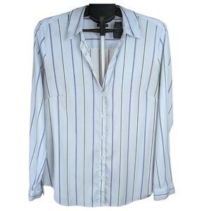 Ann Taylor Blouse L Casual Women's Top Light Blue Striped Shirt Long V-Neck